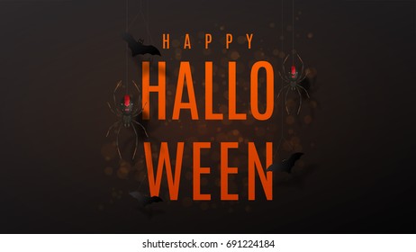 Beautiful black greeting web banner for halloween. Festive background with realistic spiders on spider web. Vector illustration with paper bats.