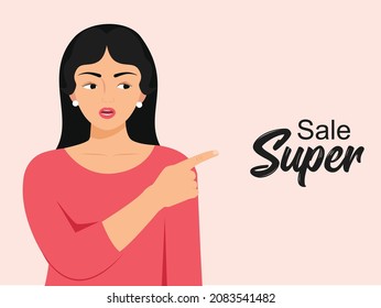 Beautiful black hair young woman showing copy space or super sale with her the index finger, isolated on background. Cartoon character indian girl shows left side with finger, Vector illustration