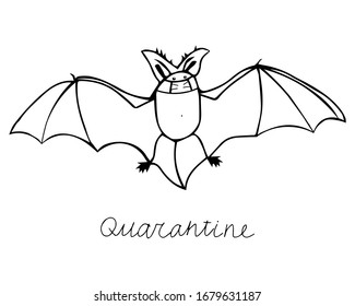 Beautiful black hand-drawn vector illustration of a bat in a medical mask isolated on a white background with lettering Quarantine for coloring book