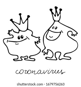 Beautiful black hand-drawn vector illustration of pair fun virus characters isolated on a white background with lettering Coronavirus for coloring book