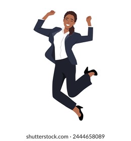 Hermosa mujer de negocios feliz negra que salta con traje. Ilustración vectorial plana aislada sobre fondo blanco