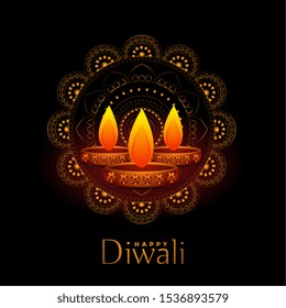 beautiful black happy diwali background with three diya