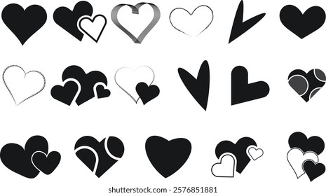 Beautiful black heart shape vector icon set , love symbol silhouette for valentines day isolated on white background