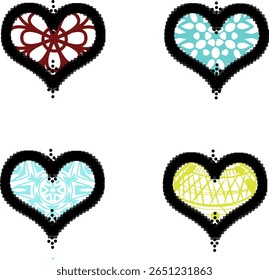 Beautiful black hearts, and inside with colored, different patterns. Black hearts. Colored patterns on a white background. It can be used on postcards, posters and diaries.