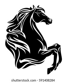 beautiful black horse with long mane vector outline.