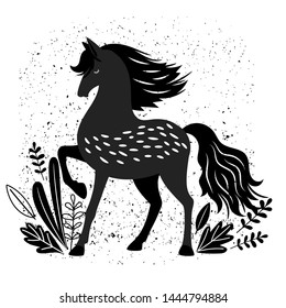 Beautiful black horse vector illustration isolated on white. Stallion or mustang graphic monochrome