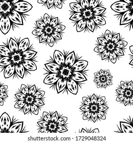 Beautiful black ink flowers isolated on white background. Floral seamless pattern. Hand drawn vector graphic illustration. Texture.