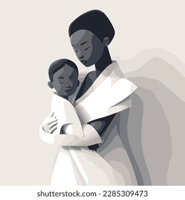 beautiful black lady with her son on her lap, minimalist vector illustration