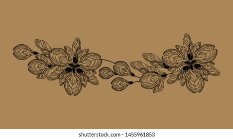 Beautiful black line horizontal composition of maple branch on a natural background. Ethnic floral motif made from natural elements.  