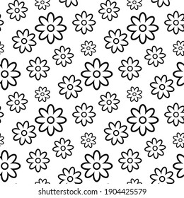 Hermosas flores de manzanilla con contorno lineal negro aisladas en fondo blanco. Patrón monocromo sin soldadura floral. Ilustración gráfica plana vectorial. Textura.