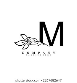 beautiful black M logo design with luxury flower. Initial M monogram symbol. flourish logo. suitable for logos of beauty, spa,salon,boutique,company,business,hotel,brand,etc