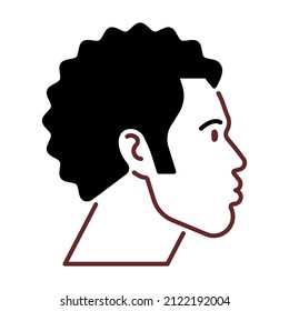 Beautiful black man portrait. Line icon of male face. Editable brown and black stroke. African-American person, afro hairstyle. Outline illustration for design, label, infographic.