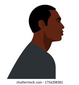 Beautiful black man. Young american man with short hair. Portrait of young man face. Side view. Isolated on a white background.