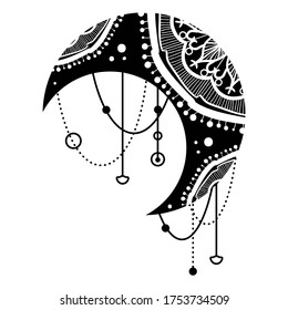 Beautiful Black Moon Decorative Element in Mandala Oriental Patterned Design. Vector Illustration of Crescent, Ethnic Print, Tattoo or Traditional Eastern Holiday Decoration in Floral Ornamental Style