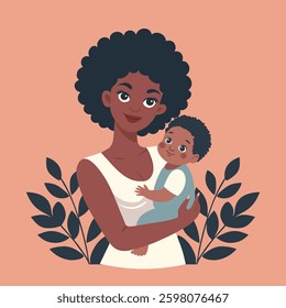 Beautiful black mother and child. Happy mother holding her son in her arms. Mother's day card. Flat style illustration.