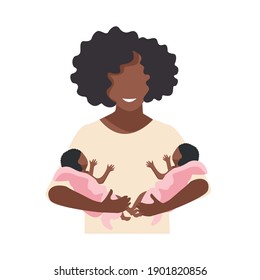 A Beautiful Black Mother Holds Newborn Twins In Her Arms. Happy Twins Mom. Flat Vector Illustration Isolated On White Background.