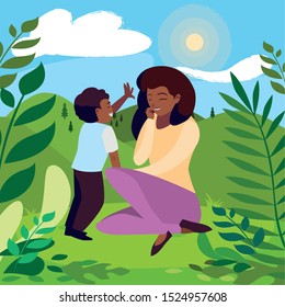 beautiful black mother with son in the field vector illustration design