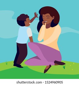 beautiful black mother with son in the field vector illustration design