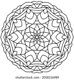 Beautiful black outlines of geometric, symmetric symbol, calming mandala picture. Perfect as a logo, coloring book picture, wall art, etc. Vector graphic in EPS file type, easy to edit.