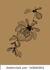 Beautiful black pattern of maple lionfish. Ethnic floral motif made from natural elements. Author's eco design