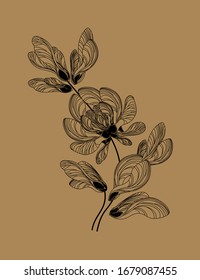 Beautiful black pattern of maple lionfish. Ethnic floral motif made from natural elements. Author's eco design