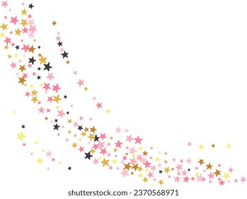 Beautiful black pink gold stars magic scatter backdrop. Many starburst spangles Noel decoration particles. Baby shower stars magic illustration. Sparkle particles congratulations decor.
