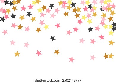 Beautiful black pink gold stars magic scatter wallpaper. Many stardust spangles New Year decoration confetti. Party decor stars magic background. Spangle elements poster decor.