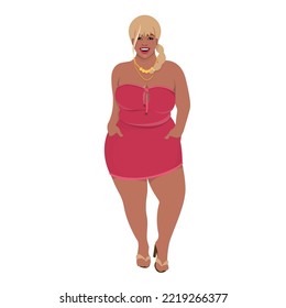 Beautiful black plus size woman wearing in pink mini dress and high heel shoes. Attractive african american curvy model smiling happy with blond hair. Fashion illustration isolated.