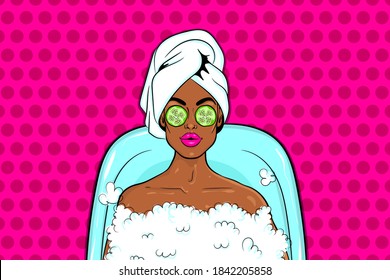 Beautiful black pop art girl lies in bath. Cartoon black woman in soapsuds bubble in the bath pop art on pink halftone background. On her eyes of pieces of cucumber mask.