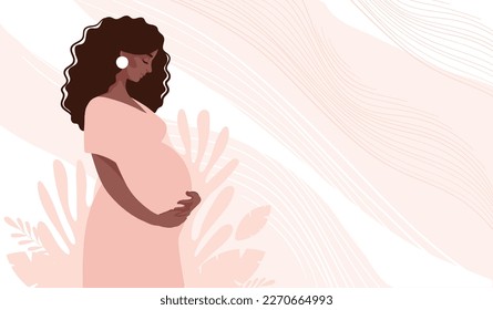 Beautiful black pregnant woman banner with copy space, concept of pregnancy, family, parenthood. Card for design. Vector flat illustration on a pink background. - Shutterstock ID 2270664993