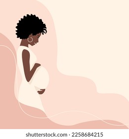 Beautiful black pregnant woman hugging her belly. The happiness of motherhood, vector illustration on abstract minimalistic background with empty space for text.