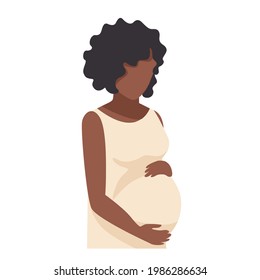 Beautiful black pregnant woman hugs her belly. The happiness of motherhood, vector illustration isolated on white background.