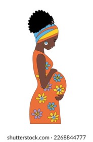 Beautiful black pregnant woman hugs her belly. The happiness of motherhood, vector illustration on abstract minimalistic background.
