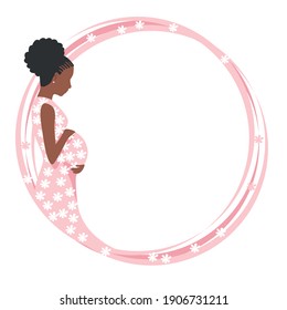 Beautiful black pregnant woman in a pink dress with white flowers. Round frame with a pregnant woman put her hands on her belly. The happiness of motherhood. Vector illustration.