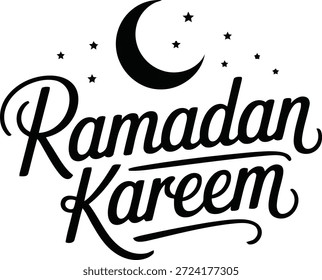 Hermosa caligrafía de escritura negra de "Ramadan Kareem" con una luna creciente y estrellas, transmitiendo un tradicional saludo islámico.