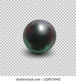 Beautiful black shiny sea pearl. Spherical beautiful 3D orb with transparent glares and highlights. Jewelry gemstones. Isolated vector illustration on transparent background.