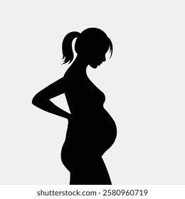 beautiful black silhouette of a pregnant woman standing in profile with her hands on her lower back. This vector illustration is perfect for maternity-related designs, pregnancy awareness campaigns,