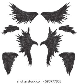 Beautiful black silhouettes of angel wings. Handdrawn hatching. An element of decorative design. Isolated on white background. Vector illustration.