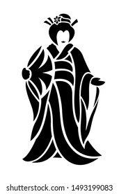 beautiful black tattoo illustration with eastern woman with fan dressed traditional clothes silhouette on white background