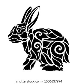 Beautiful black tattoo illustration with rabbit silhouette on white background