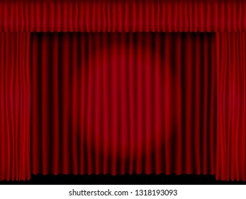 Beautiful black theatre stage vector with red folded curtain drapes lit with a spotlight.