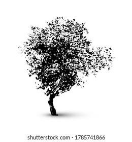 Beautiful black tree ink silhouette isolated on white background. Abstract painting crown plant imprint of sponge or paint brush. Vector illustration of nature garden contour, decoration element