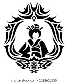 Beautiful black tribal tattoo illustration with asian woman inside the frame isolated on the white background
