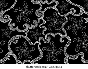 Beautiful black and white abstract vector seamless pattern with curling white lines