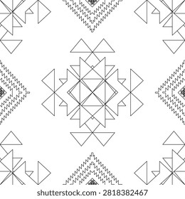 A beautiful black and white aztec geometric line art seamless pattern background showcasing ornate tribal outlines. Ideally crafted for elegant fashion fabrics, adult coloring pages, decorative pillow covers, minimalist scarves, creative stationery prints, and textile wallpapers.
