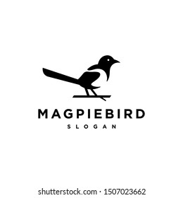 Beautiful black and white bird, male Oriental Magpie Robin logo on a branch icon design vector illustration in simple minimalist style