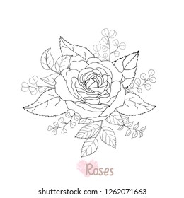 Beautiful black and white bouquet rose and leaves. Floral arrangement isolated on background. Design greeting card and invitation of the wedding, birthday, holiday. Vector illustration. 