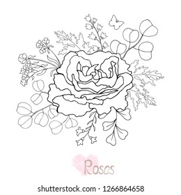 Beautiful black and white bouquet rose and leaves. Floral arrangement isolated on background. Design greeting card and invitation of the wedding, birthday, holiday. Vector illustration. 