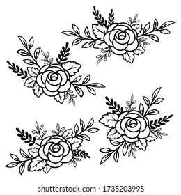 Beautiful black and white bouquet of roses and leaves. Flower arrangement isolated on background. Greeting card design and wedding invitation, birthday, valentines day, mothers day, celebration.