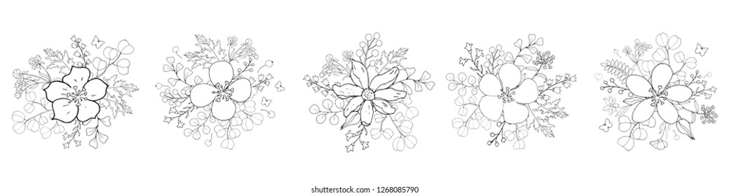 Beautiful black and white bouquet of wild flowers and leaves. Floral arrangement isolated on background. Design greeting card and invitation of the wedding, birthday, holiday. Vector illustration. 